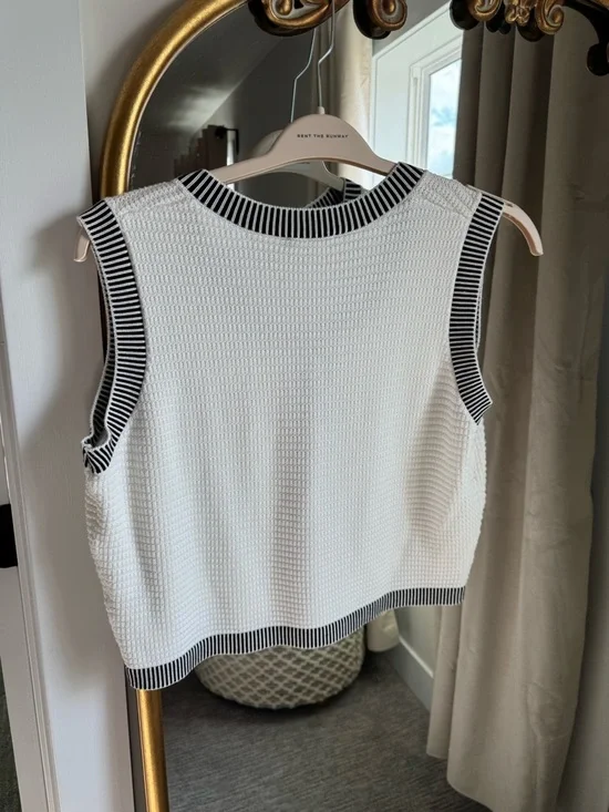 Adrianna Papell Black and White Striped Trim Knit Vest with Gold Buttons - Picture 2 of 3